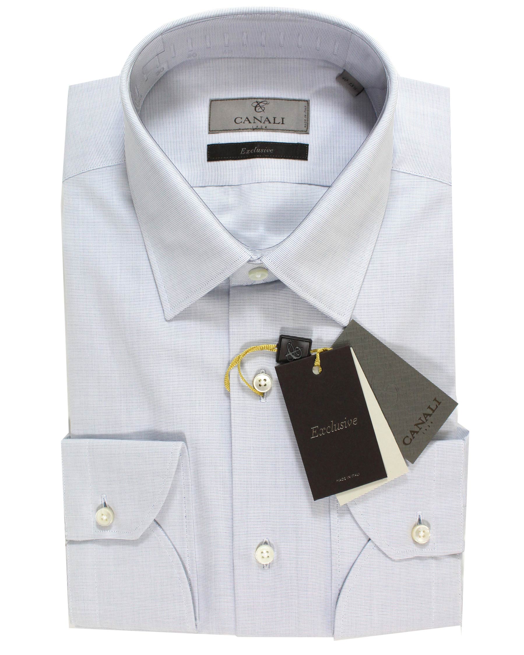 Canali Dress Shirt 40 - 15 3/4 White Gray-Blue Pointed Collar - Exclusive Collection Canali Dress Shirt 40 - 15 3/4 White Gray-Blue Pointed Collar - Exclusive Collection