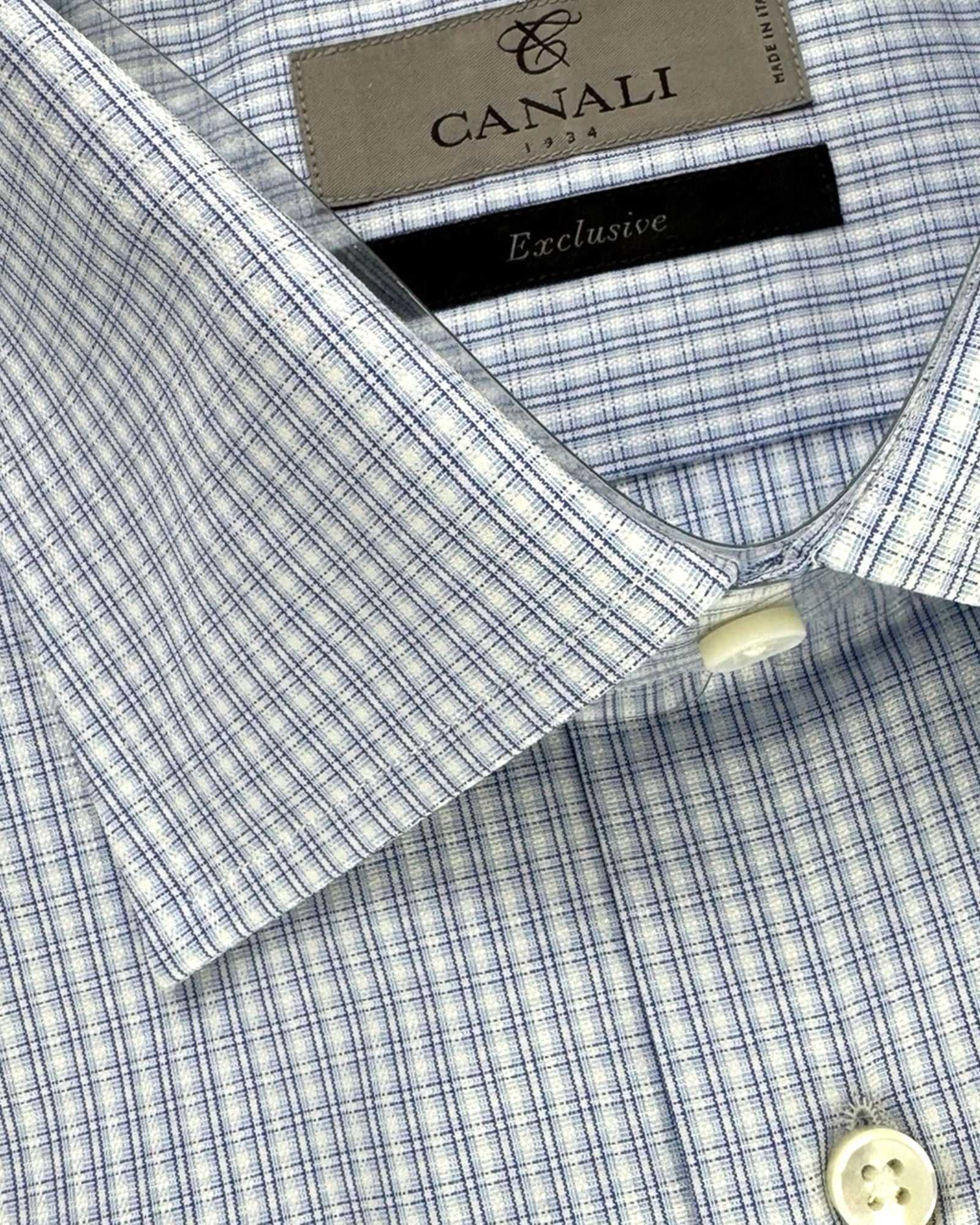 Canali Dress Shirt White Blue Check Grid