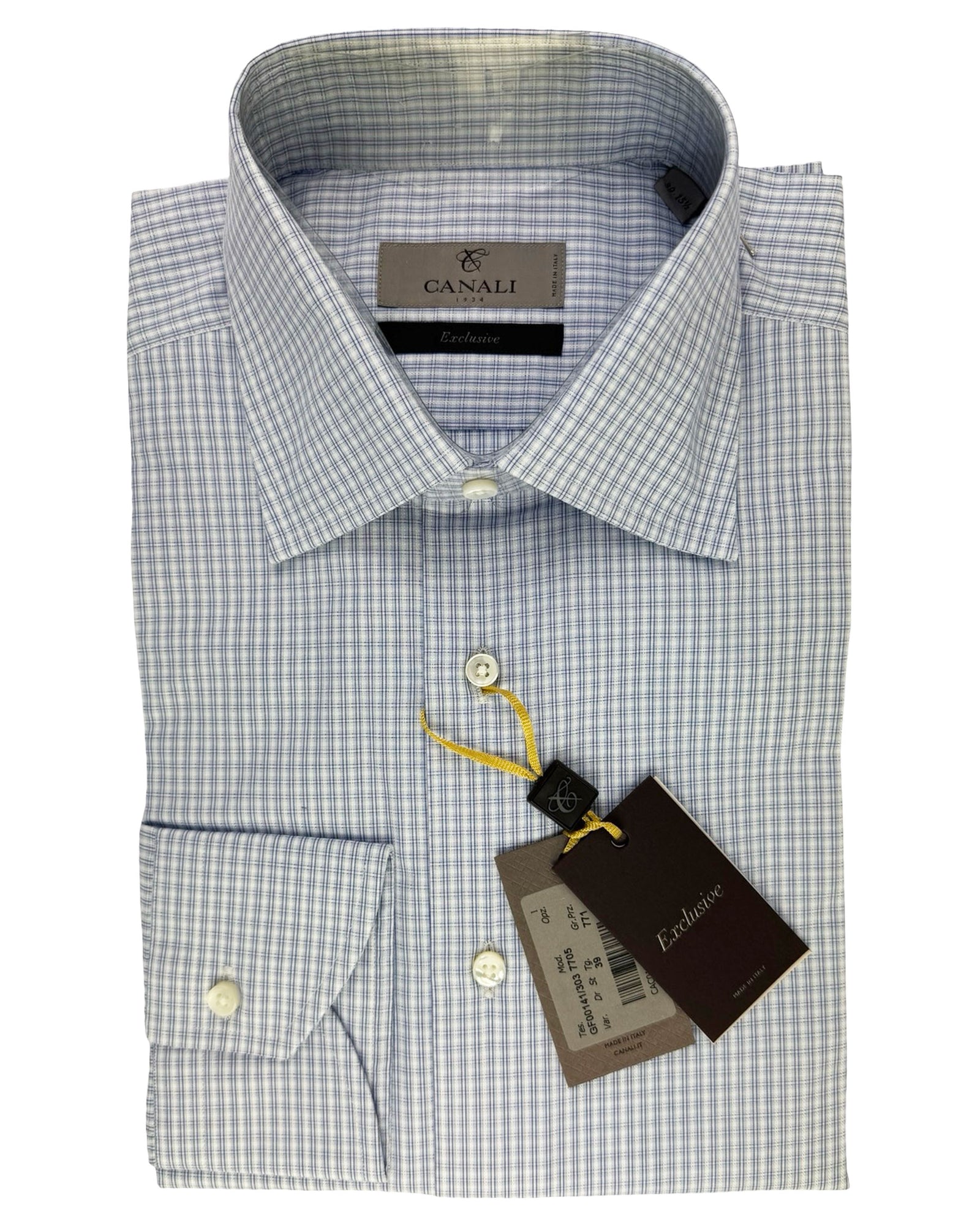 Canali Dress Shirt White Blue Check Grid