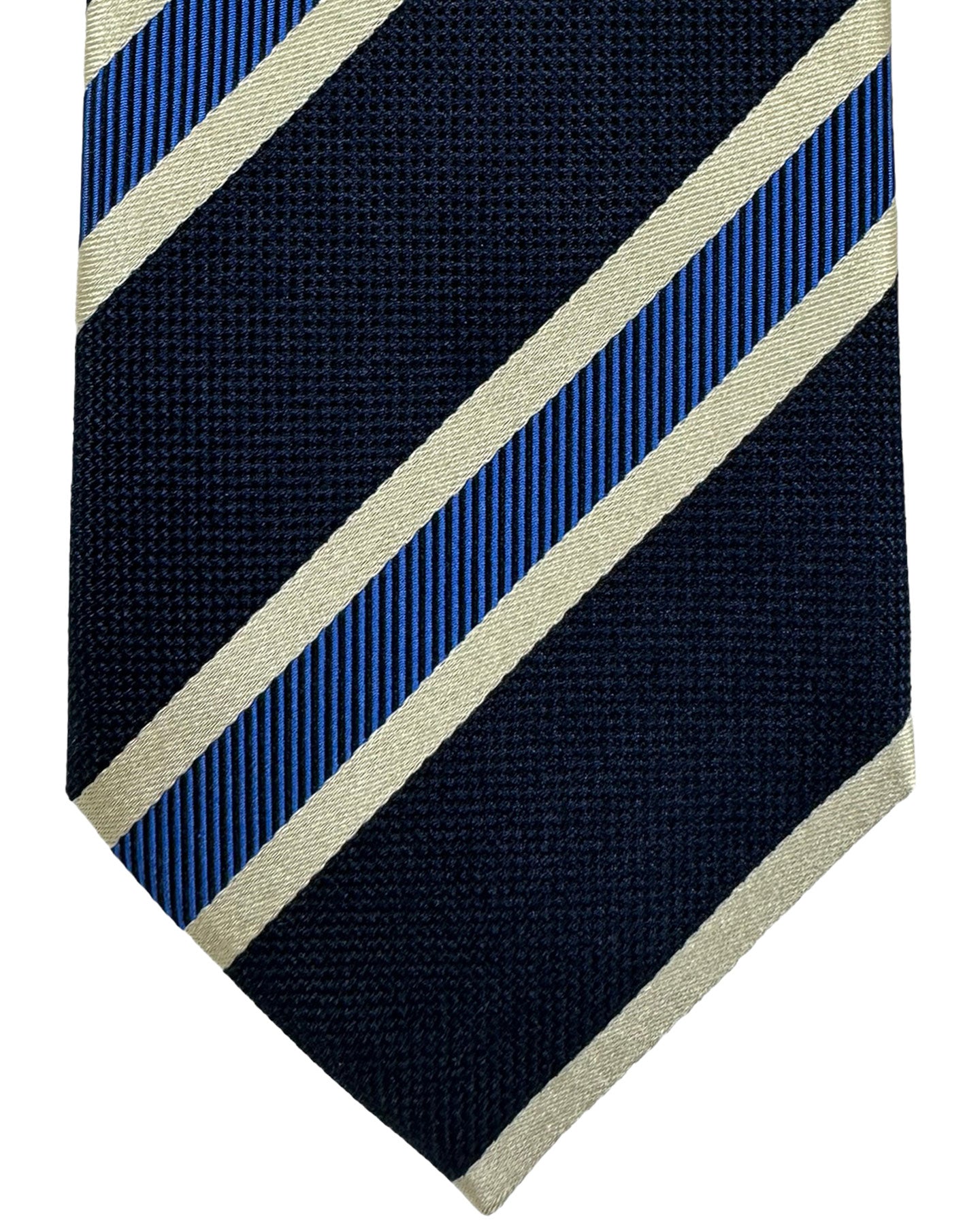 Canali Silk Tie Navy Royal Blue Silver Stripes Pattern