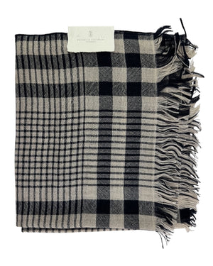 Brunello Cucinelli Scarf Midnight Blue Gray Plaid - Cashmere Silk Men Shawl SALE
