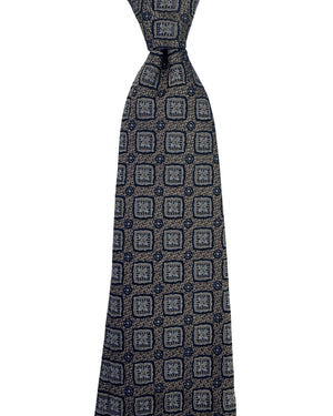 Brunello Cucinelli Silk Tie Charcoal Navy Geometric Square Pattern