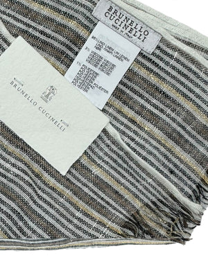 Brunello Cucinelli Scarf White Brown Black Gold Stripes - Linen Shawl SALE