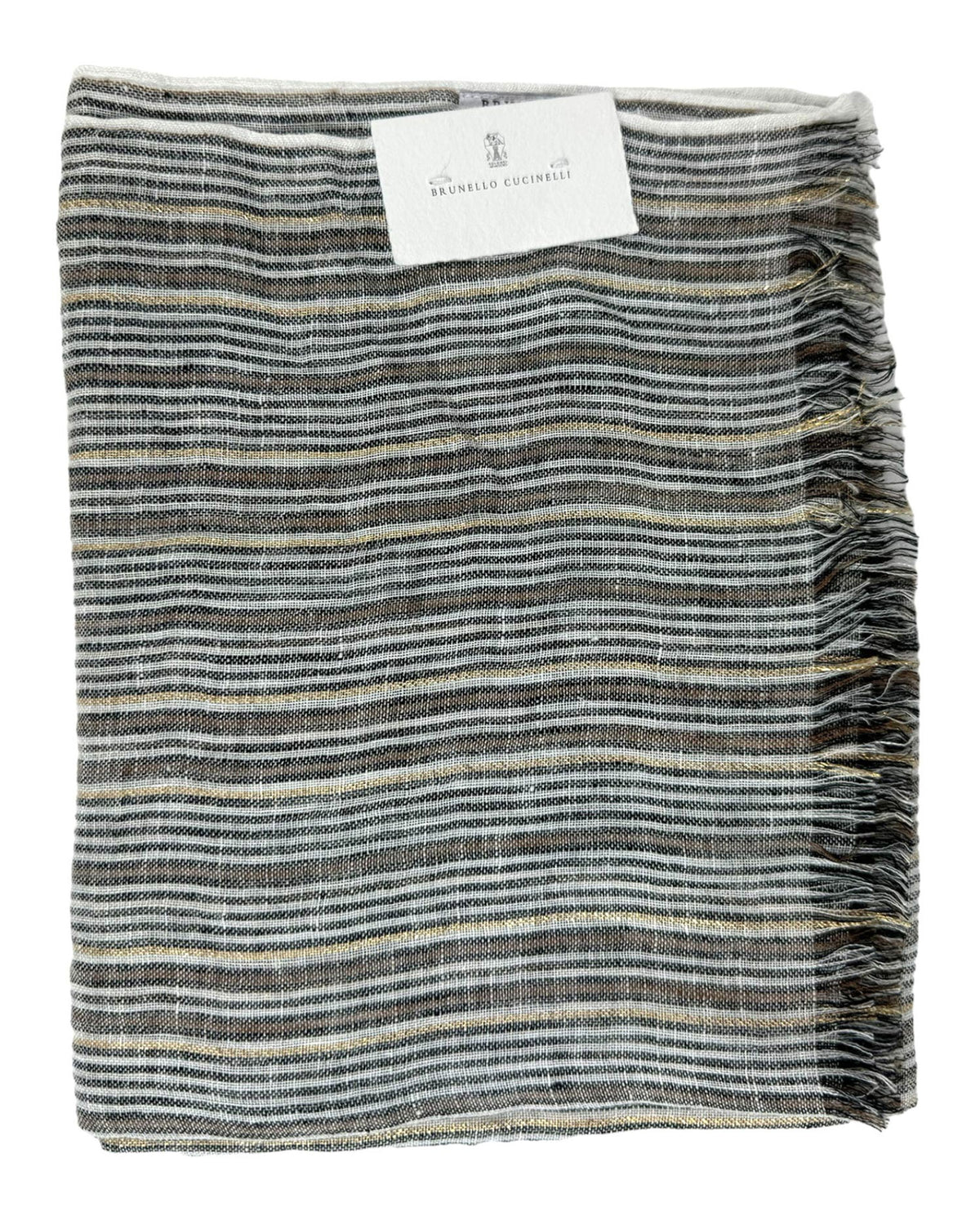 Brunello Cucinelli Scarf White Brown Black Gold Stripes - Linen Men Shawl SALE