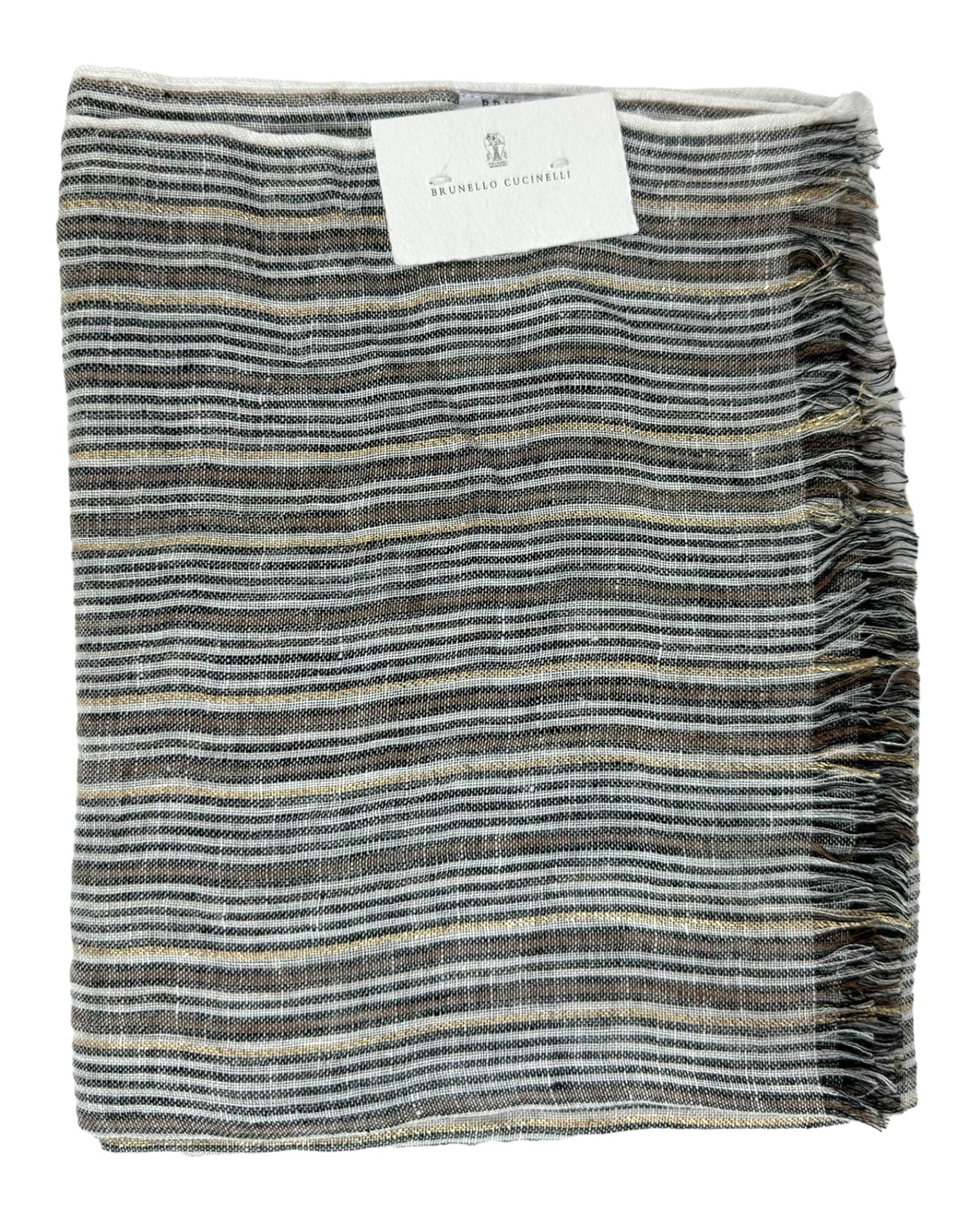 Brunello Cucinelli Scarf White Brown Black Gold Stripes - Linen Men Shawl SALE