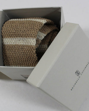 Brunello Cucinelli Square End Knitted Tie Taupe Stripes Linen Silk
