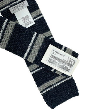 Brunello Cucinelli Square End Knitted Tie Dark Blue Gray Horizontal Stripes - Linen/ Cotton