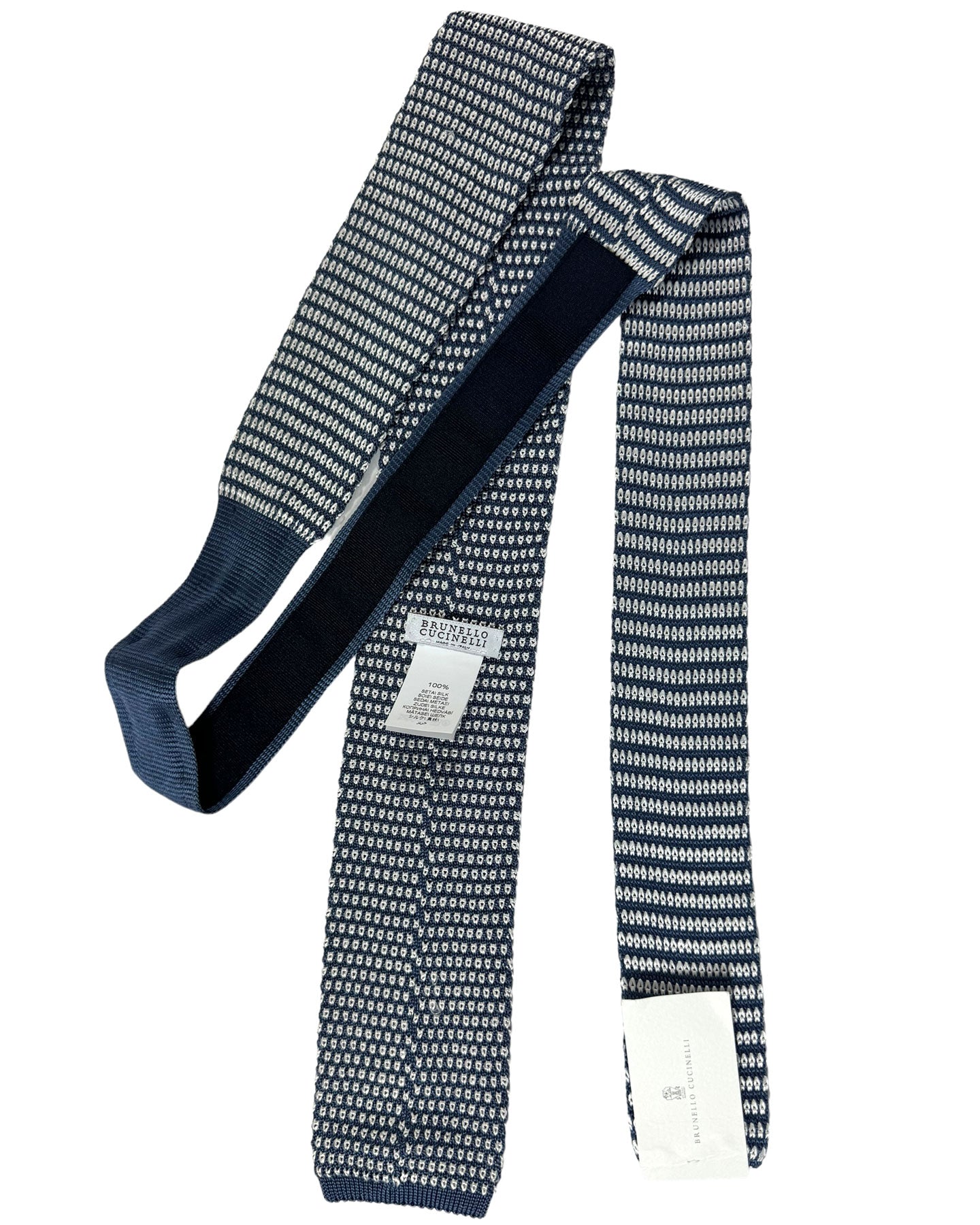 Brunello Cucinelli Silk Square End Knitted Tie Dark Blue Micro Pattern