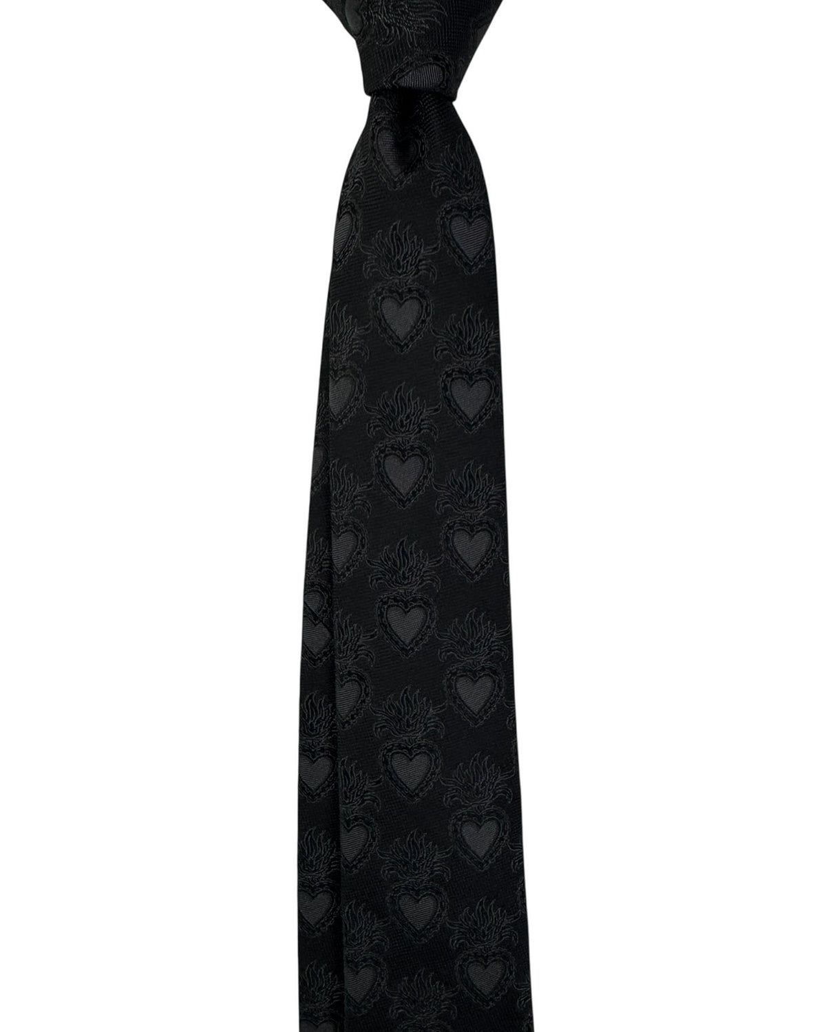 Dolce & Gabbana Skinny Tie Black Tonal Flaming Hearts