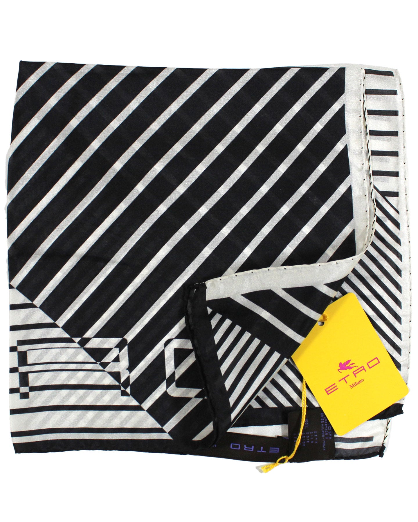 Etro Silk Pocket Square White Black Stripes