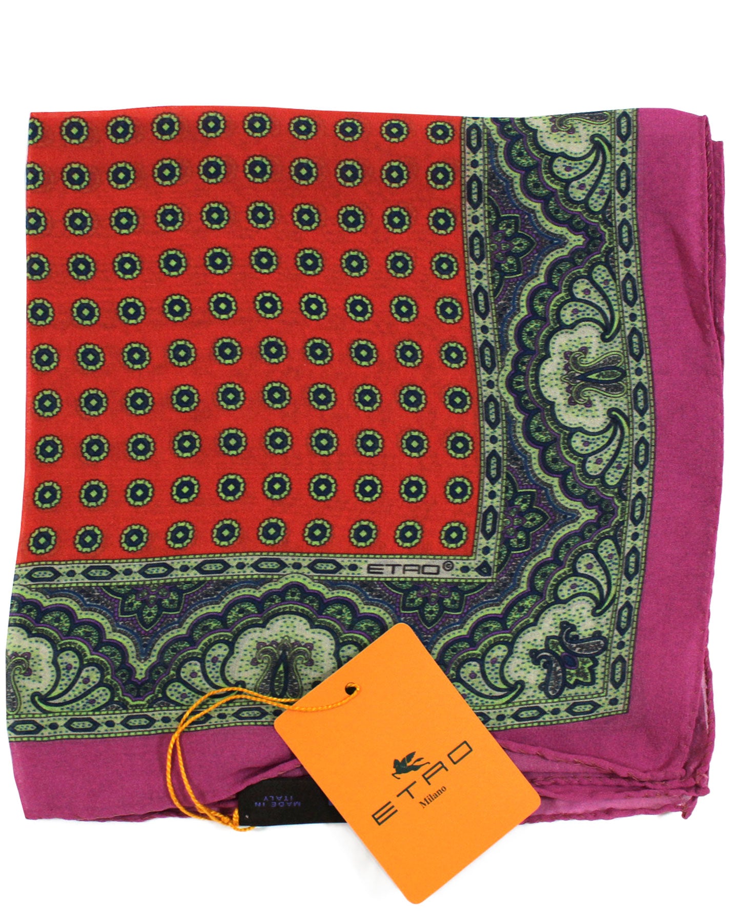 Etro Silk Pocket Square Purple Orange Green Paisley