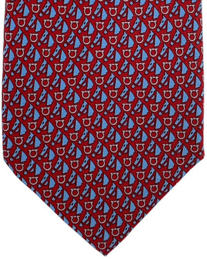Salvatore Ferragamo Tie Red With Blue Horse And Gancini Pattern