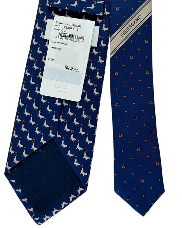 Salvatore Ferragamo Tie silk 100% 2本セット Salvatore Ferragamo Silk Tie Navy Blue Seal & Gancini Pattern SALE