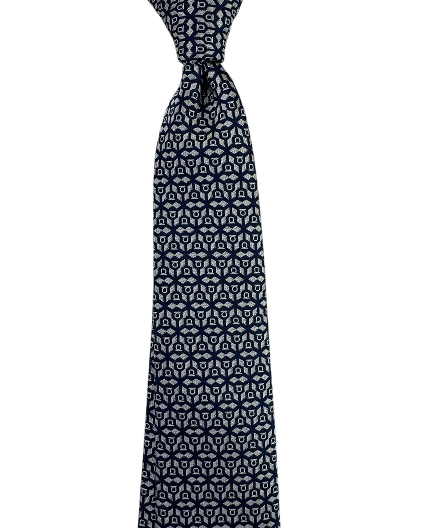 Salvatore Ferragamo Tie Navy Gray Gancini - Narrow Jacquard Silk Necktie