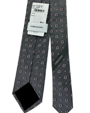 Salvatore Ferragamo Tie Charcoal Gancini Pattern on Pinstripe