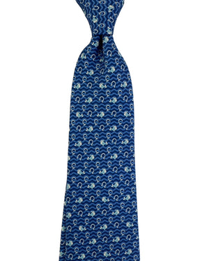 Ferragamo Tie Navy Blue With Fish And Wave Pattern