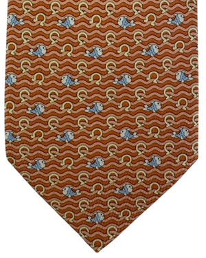 Salvatore Ferragamo Tie Orange Fish Gancini And Wave Pattern