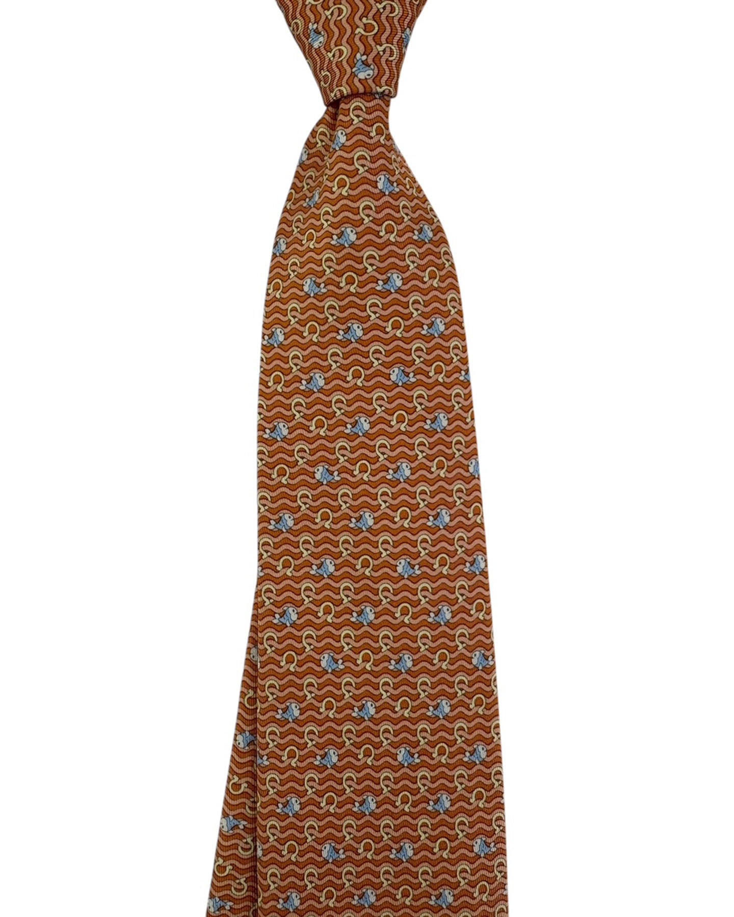 Salvatore Ferragamo Tie Orange Fish Gancini And Wave Pattern
