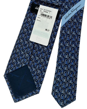 Salvatore Ferragamo Tie Navy Blue With Gancini And Circle Chain Pattern
