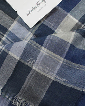 Ferragamo Square Scarf Blue Gray Plaid 