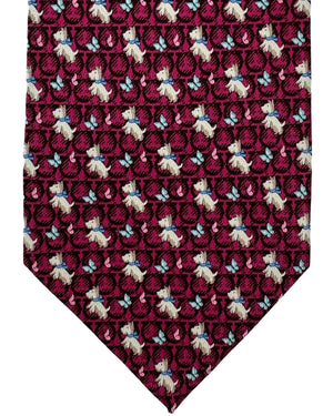 Salvatore Ferragamo Silk Tie Magenta Dogs Gancini & Butterfly Design