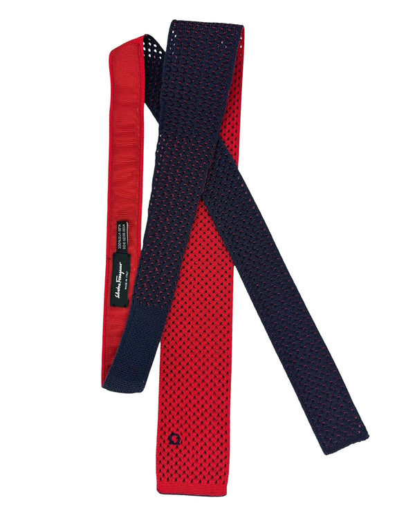 Salvatore Ferragamo Tie Navy Bordeaux Knitted Square End Tie - 2