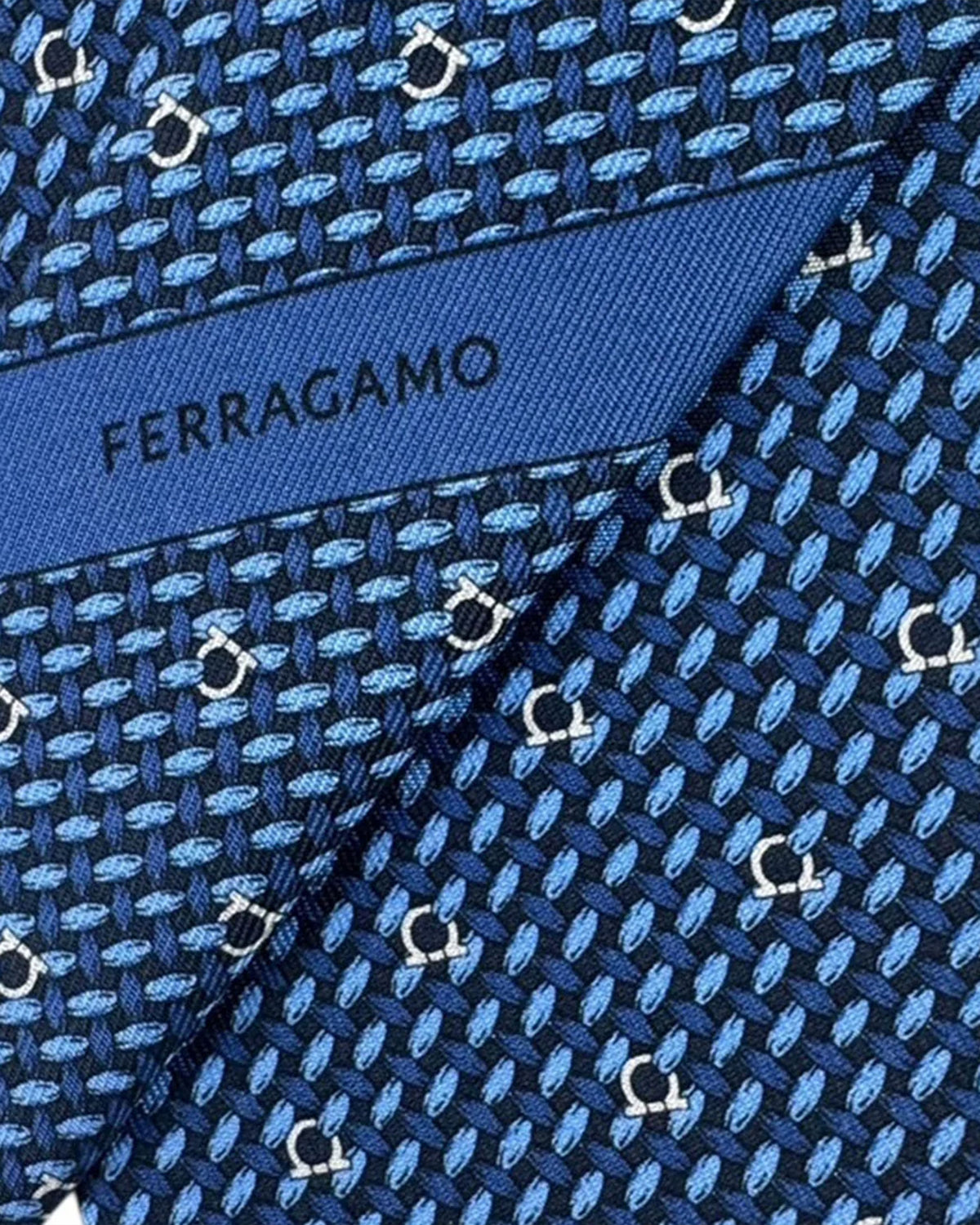 Ferragamo Silk Tie Navy Blue Maglia Gancini Design