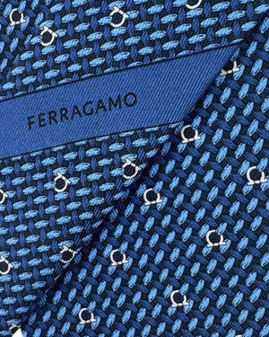 Ferragamo Silk Tie Navy Blue Maglia Gancini Design