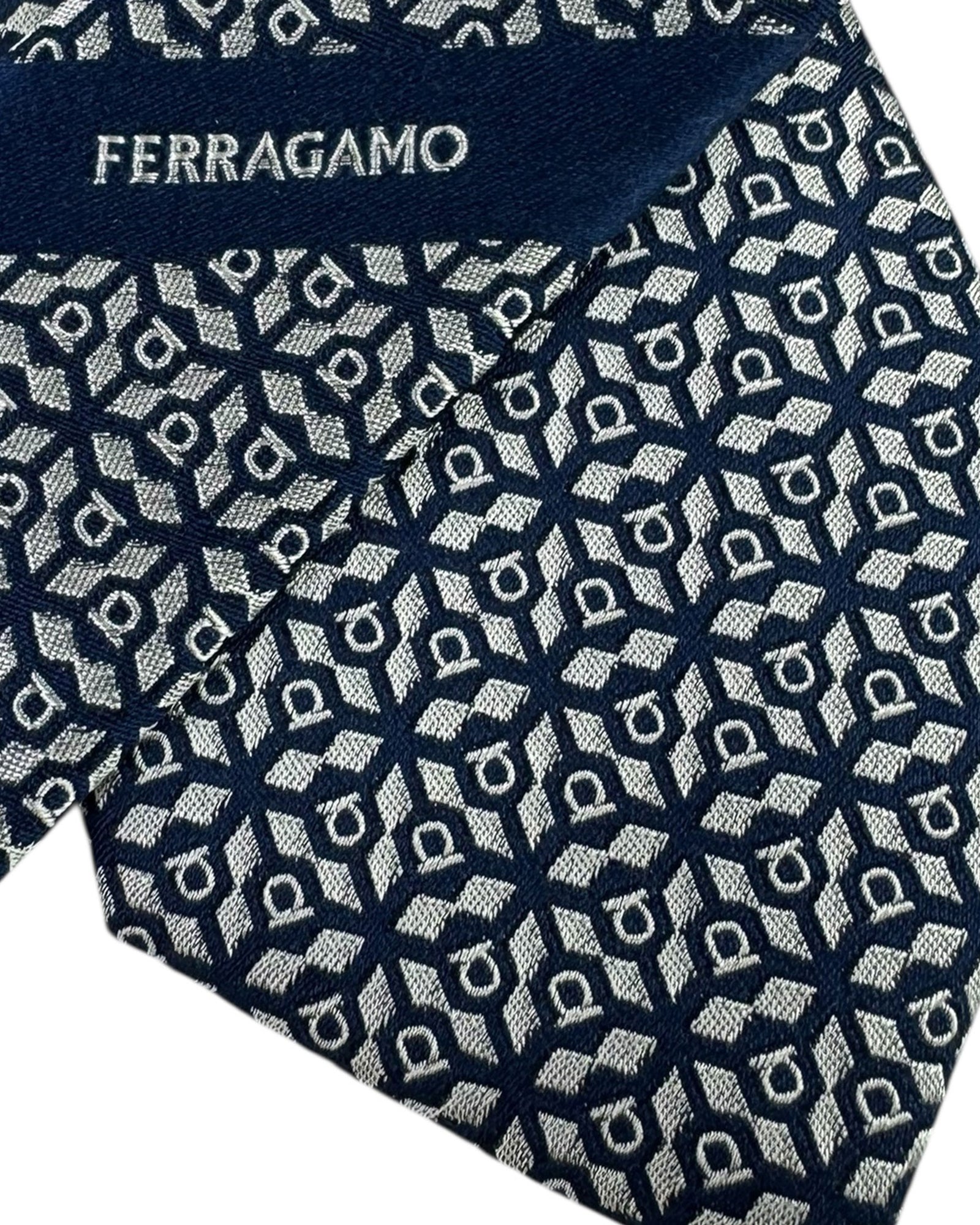 Salvatore Ferragamo Tie Navy Gray Gancini - Narrow Jacquard Silk Necktie