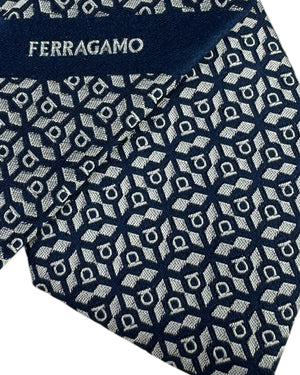 Salvatore Ferragamo Tie Navy Gray Gancini - Narrow Jacquard Silk Necktie