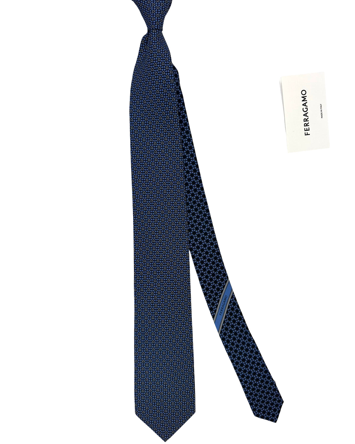 Ferragamo Tie Navy Blue Gancini & Hearts Design