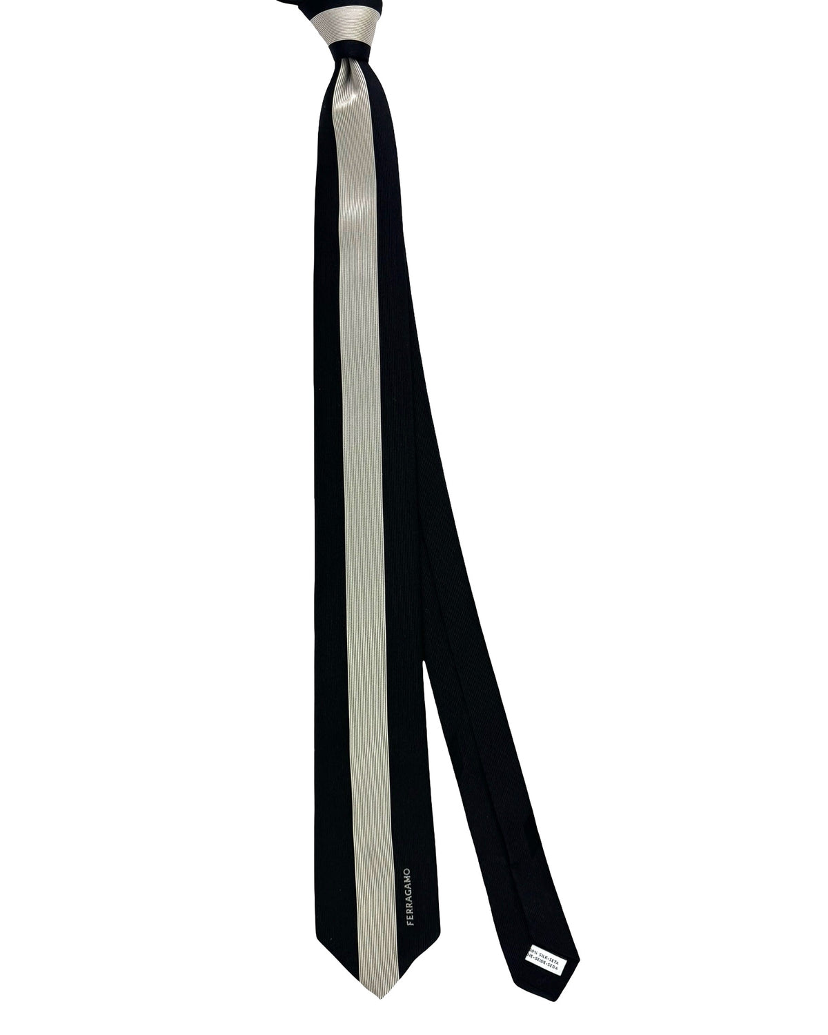 Salvatore Ferragamo Tie Black Silver Stripe Logo Design SALE
