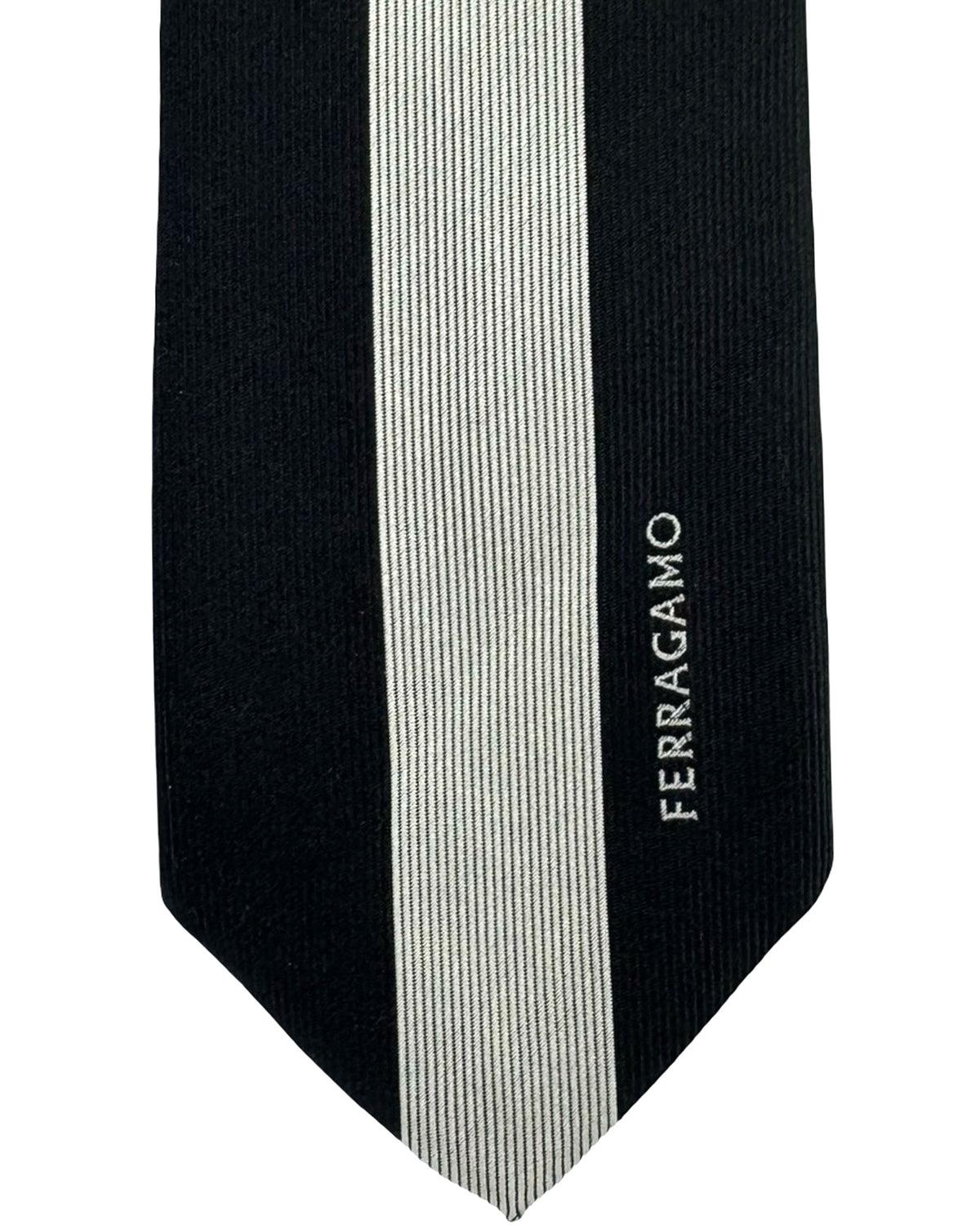 Salvatore Ferragamo Tie Black Silver Stripe Logo Design SALE