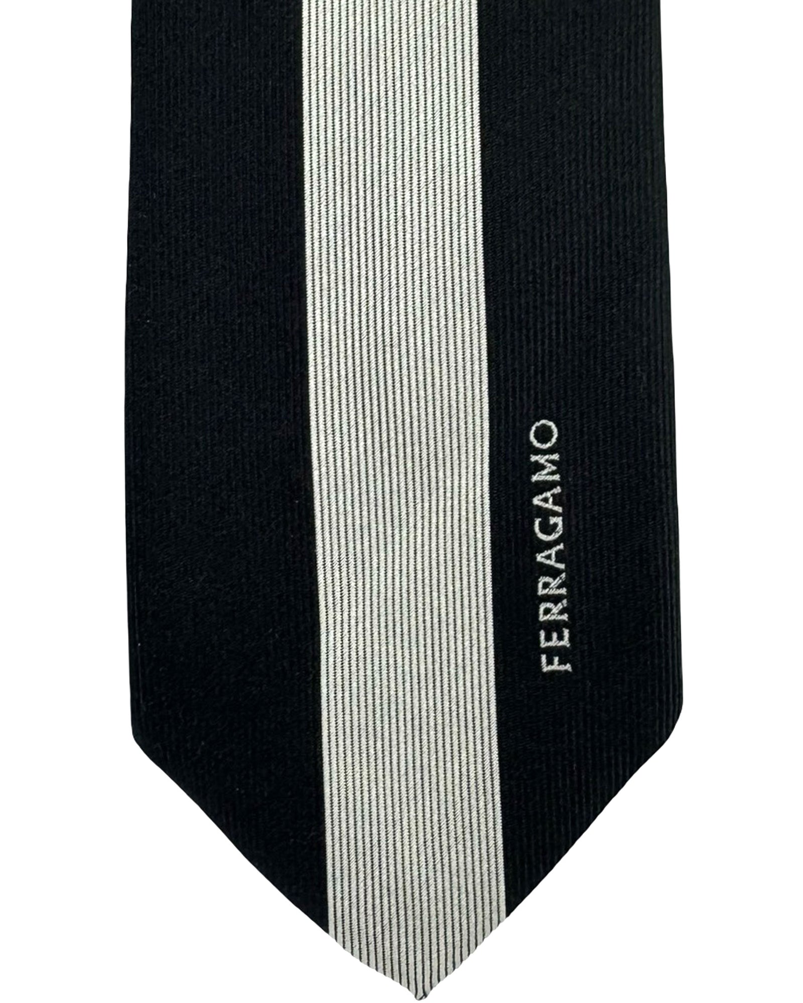 Salvatore Ferragamo Tie Black Silver Stripe Logo Design SALE