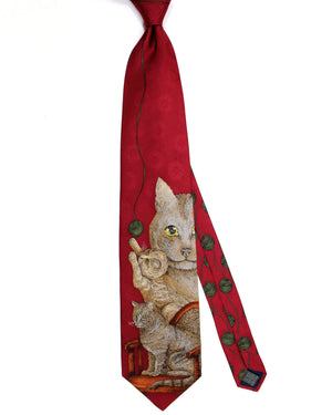 Fornasetti Tie Maroon Vita Da Gatti Design - Wide Necktie