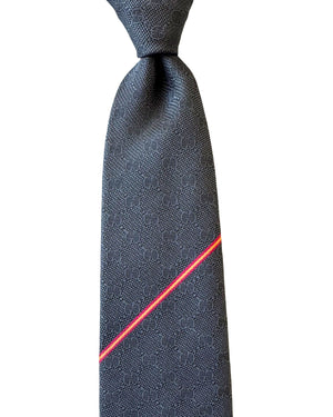 Gucci Tie GG Design Charcoal Gray Red Stripe