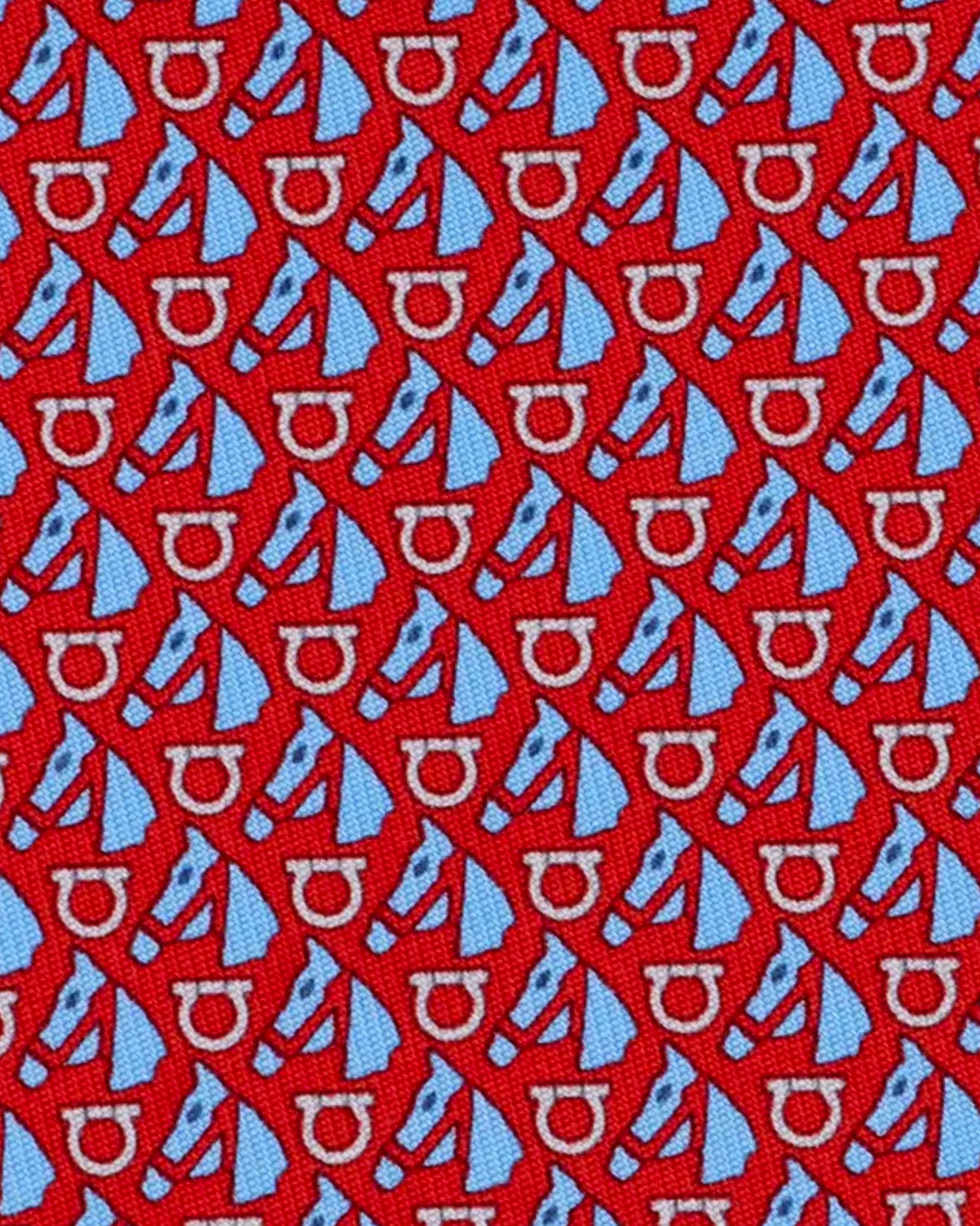 Salvatore Ferragamo Tie Red With Blue Horse And Gancini Pattern