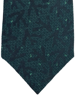 Isaia Sevenfold Tie Dark Green Coral Logo - Wool Silk Wide Necktie