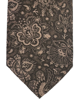 Isaia Sevenfold Tie Brown Floral Medallion Design - Cotton Silk