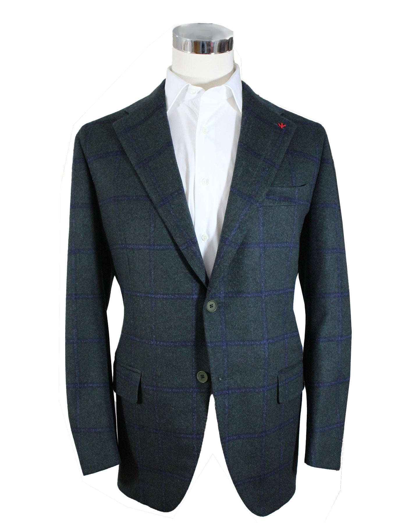 Isaia Sport Coat Dark Green Midnight Blue Windowpane Wool Cashmere