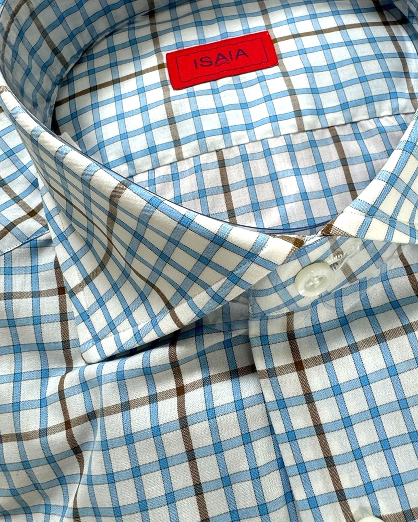 Isaia Shirt White Blue Brown Check 39 - 15 1/2 Regular Fit SALE Isaia Shirt White Blue Brown Check 39 - 15 1/2 Regular Fit SALE