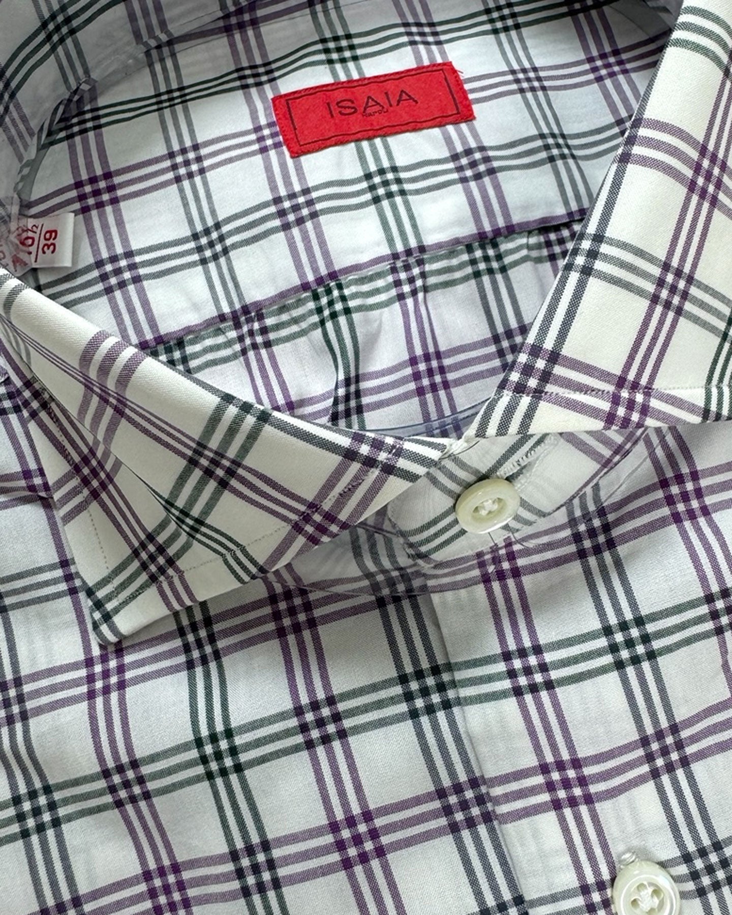 Isaia Shirt White Purple Glen Check 39 - 15 1/2 Regular Fit