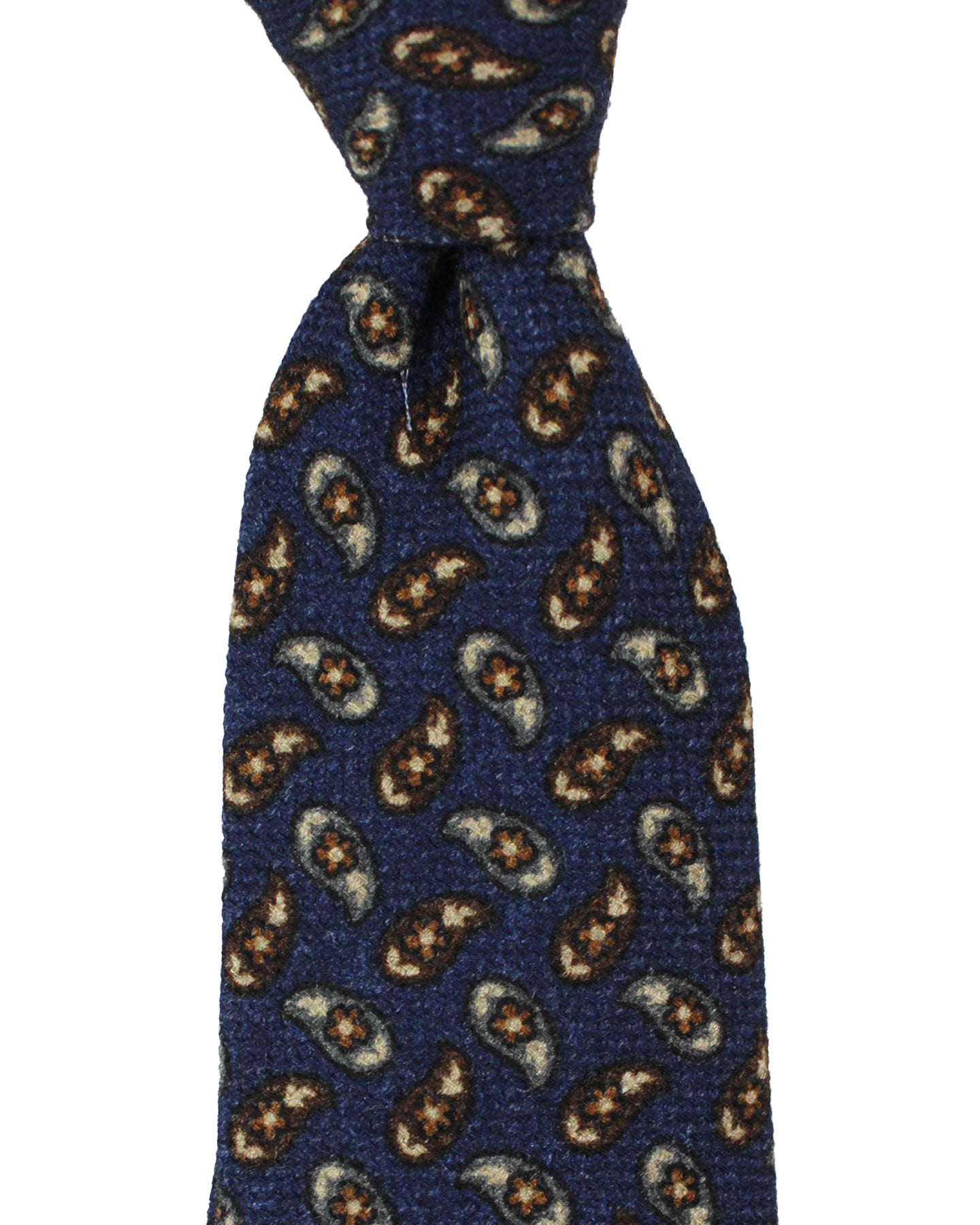 Isaia Tie Navy Brown Gray Paisley Design - Sartorial Wool Silk Tie