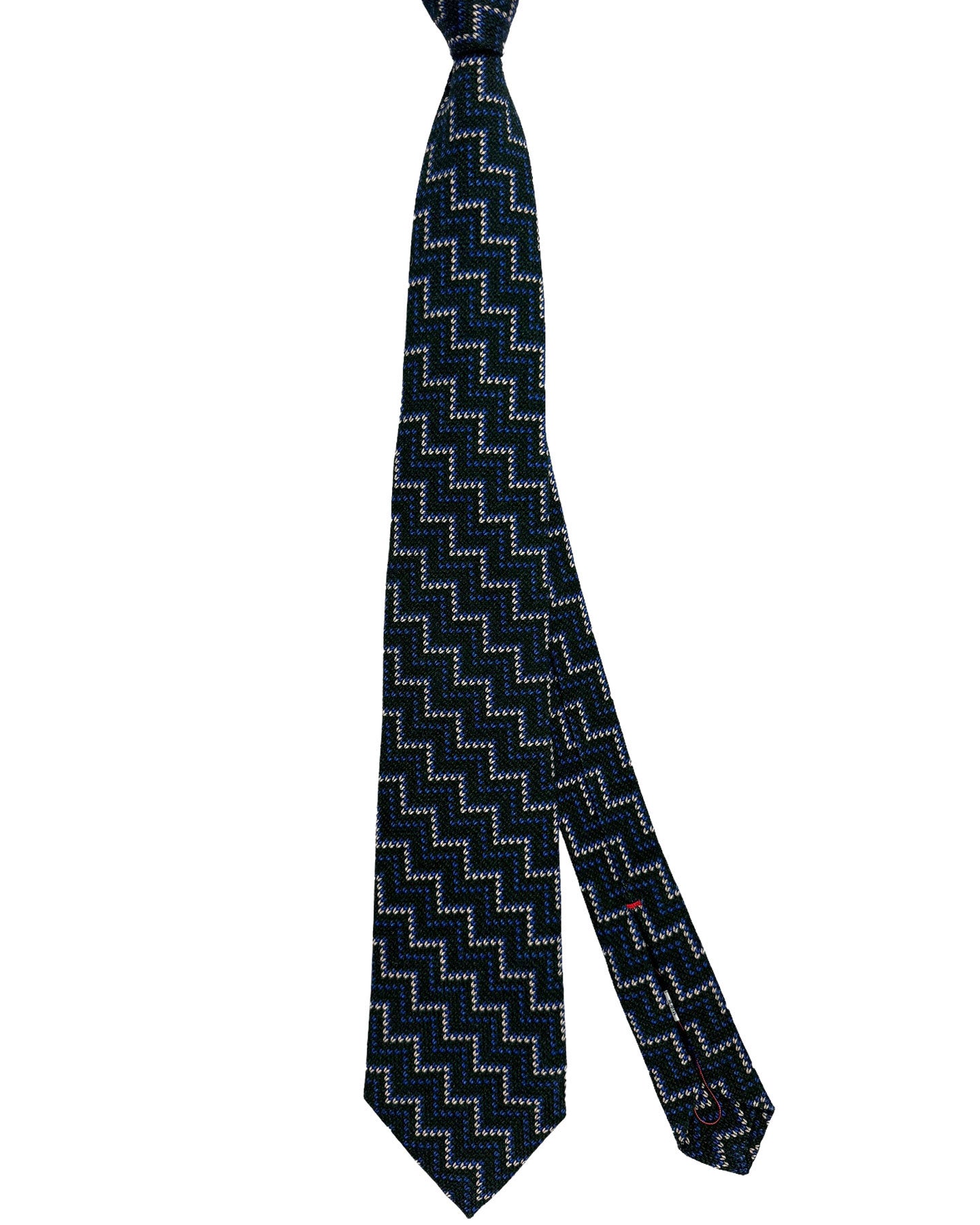 Isaia Tie Dark Green Royal Blue Zig Zag Design - Sevenfold Linen Silk Necktie