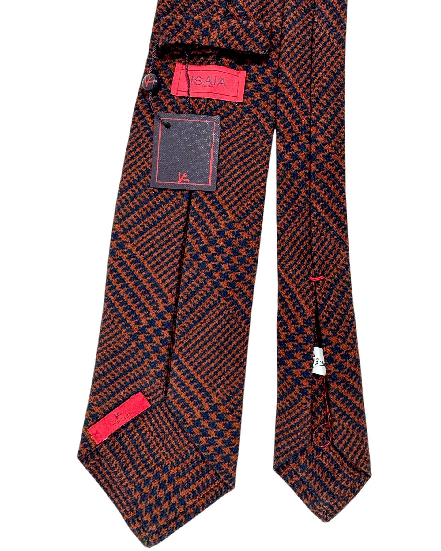 Isaia Sevenfold Tie Rust Brown Glen Check Design - Wool Silk Necktie