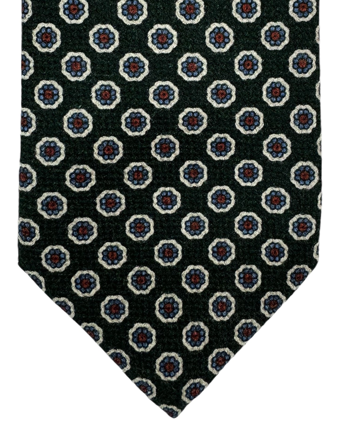 Isaia Sevenfold Tie Dark Olive Blue Orange Mini Floral Design - Wool Silk Necktie