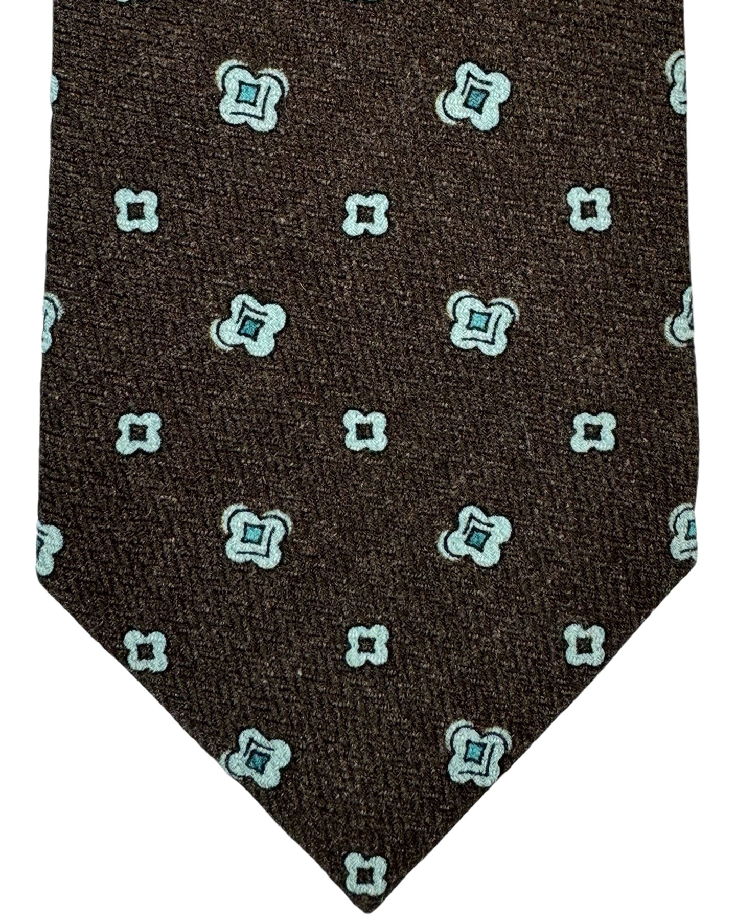 Isaia Sevenfold Tie Brown Sky Blue Geometric - Wool Silk Necktie