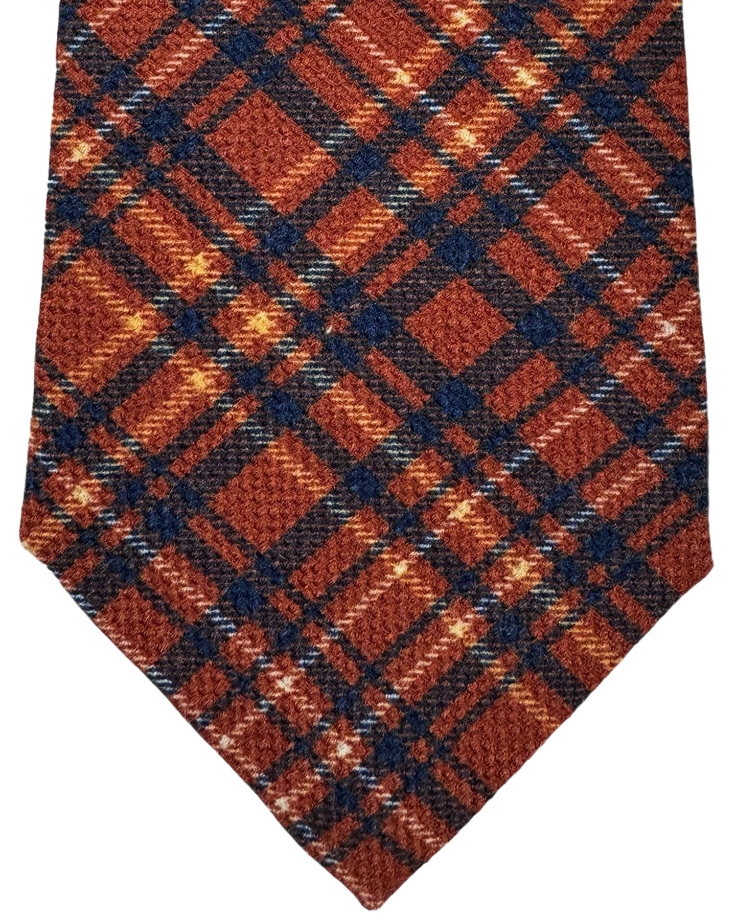 Isaia Sevenfold Tie Brown Navy Check - Wool Silk Necktie