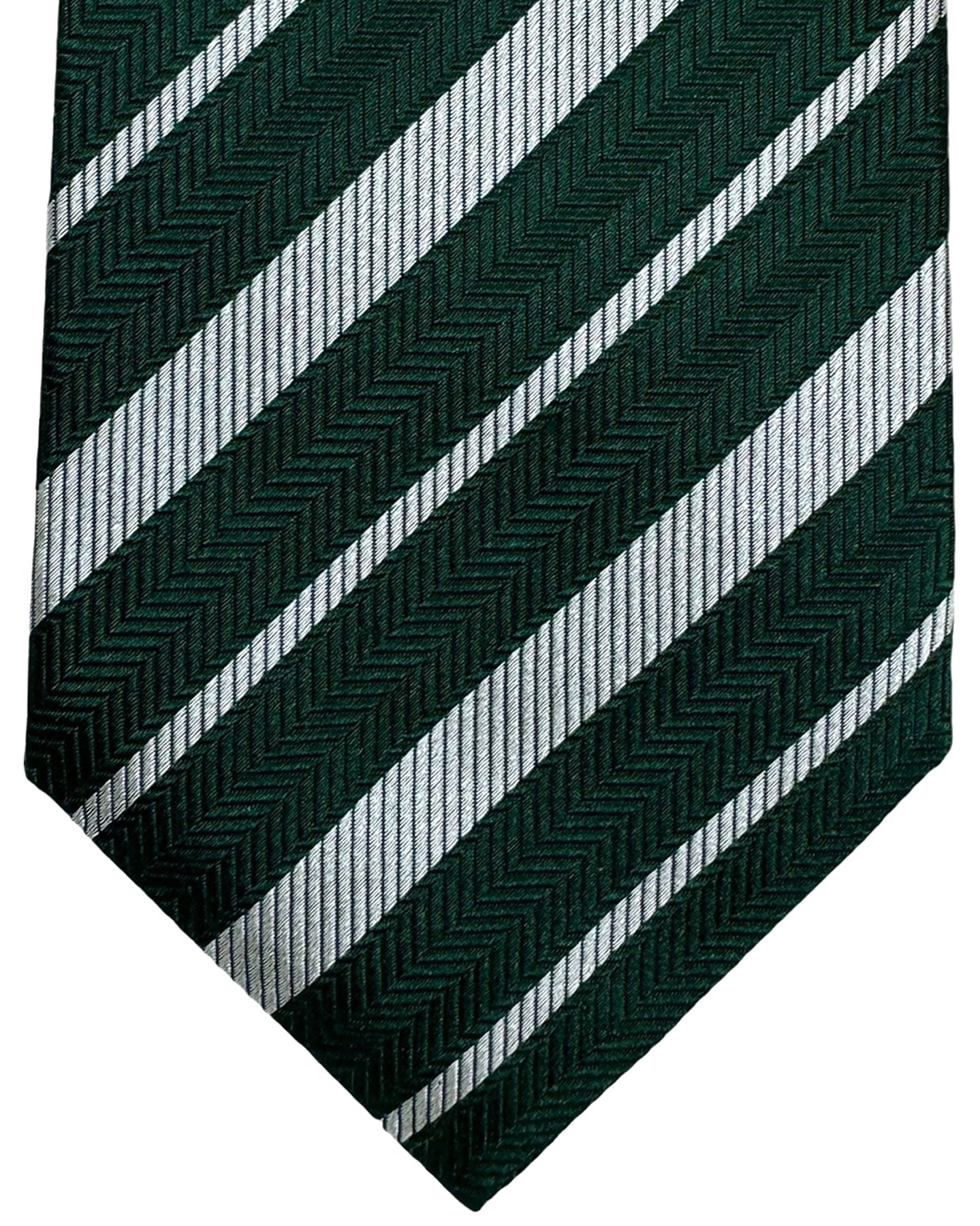 Isaia Sevenfold Tie Dark Green Silver Stripes - Silk Necktie