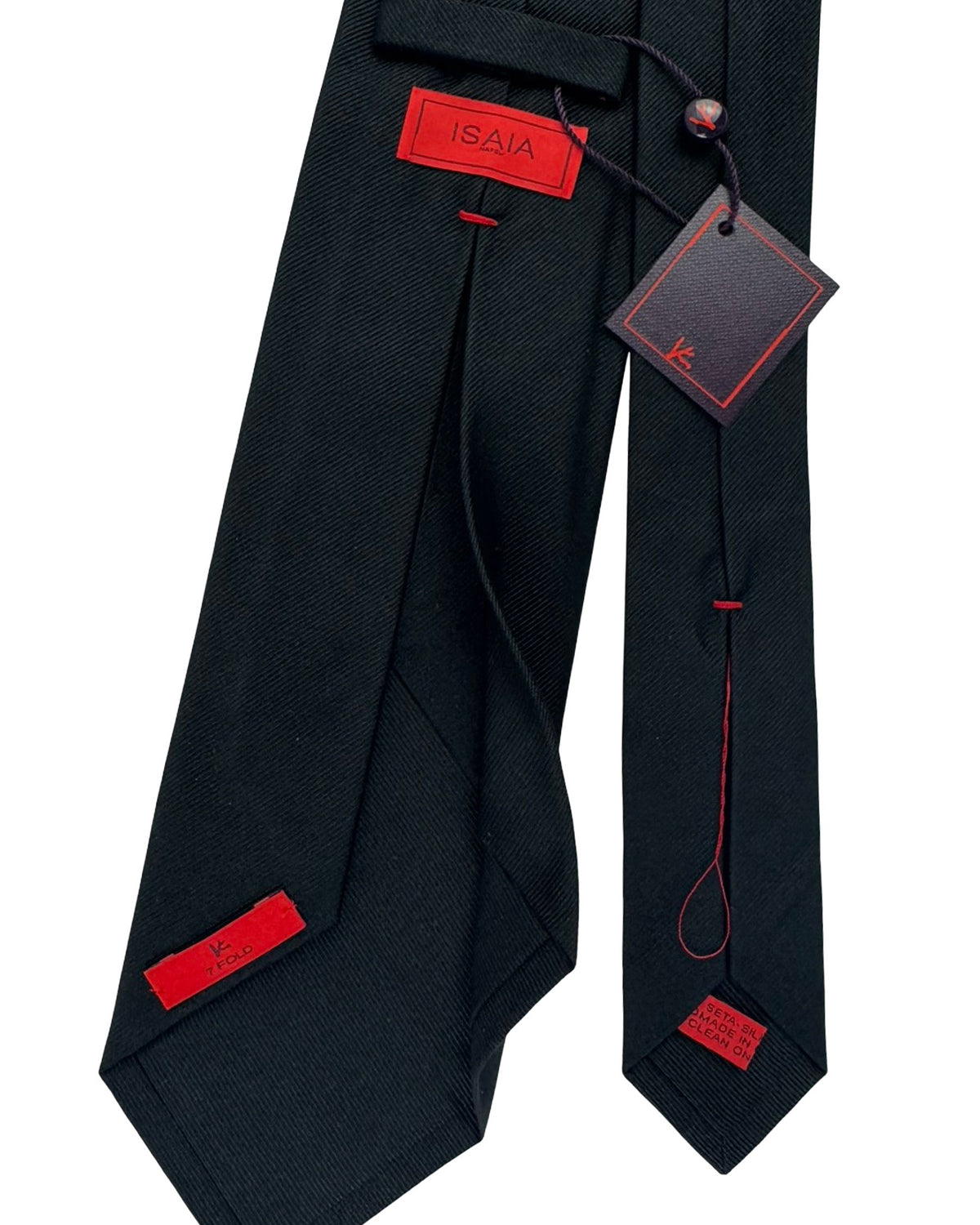 Isaia Sevenfold Tie Solid Black Grosgrain
